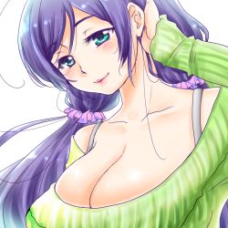 Rule 34 | 10s, 1girl, aqua eyes, blush, breasts, cleavage, female focus, hatomilkyt, large breasts, long hair, looking at viewer, love live!, love live! school idol project, purple hair, simple background, solo, tojo nozomi, twintails