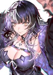 Rule 34 | 1girl, absurdres, black hair, breasts, cleavage, coat, foreshortening, fur trim, grey hair, hair ornament, highres, holoadvent, hololive, hololive english, large breasts, looking at viewer, looking up, magnolia29, multicolored hair, shiori novella, shiori novella (1st costume), simple background, smile, solo, two-tone hair, virtual youtuber, white background, yellow eyes