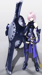 Rule 34 | 1girl, 3d, absurdres, arm at side, arm guards, armor, armored boots, armored leotard, bare shoulders, black footwear, black gloves, black leotard, black thighhighs, boots, breasts, bright pupils, closed mouth, elbow gloves, fate/grand order, fate (series), full body, gloves, grey background, hair over one eye, highres, holding, holding shield, ikedan, legs apart, leotard, looking at viewer, mash kyrielight, medium breasts, one eye covered, oversized object, pink hair, purple eyes, sheath, sheathed, shield, short hair, simple background, smile, solo, standing, sword, thighhighs, thighhighs under boots, underbust, waist cape, weapon