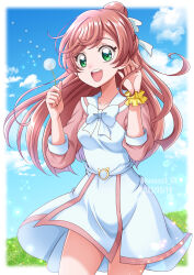 Rule 34 | 1girl, arm garter, blue sky, border, bow, bowtie, cloud, cloudy sky, collarbone, commentary request, cowboy shot, dandelion, dandelion seed, dated, day, dot nose, flower, grass, green eyes, hair bun, hair ribbon, hand up, hanzou, highres, hirogaru sky! precure, holding, holding plant, light particles, long hair, long sleeves, looking at viewer, magical girl, nijigaoka mashiro, open mouth, outdoors, outside border, plant, precure, raised eyebrows, red hair, ribbon, sailor collar, shirt, skirt, sky, smile, solo, teeth, thighs, twitter username, upper teeth only, watermark, white border, white bow, white bowtie, white ribbon, white sailor collar, white shirt, white skirt