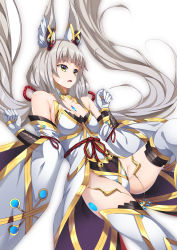 Rule 34 | 1girl, absurdres, animal ears, bare shoulders, blurry, breasts, c (pixiv3064042), cat ears, chinese commentary, cleavage, commentary request, facial mark, gloves, grey hair, highres, leotard, long hair, looking away, low twintails, nia (blade) (xenoblade), nia (xenoblade), nintendo, niyah, open mouth, simple background, small breasts, solo, spoilers, thighhighs, twintails, very long hair, white background, white gloves, white thighhighs, xenoblade chronicles (series), xenoblade chronicles 2, yellow eyes