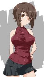 Rule 34 | 1girl, arm behind back, black skirt, bob (you-u-kai), breasts, brown eyes, brown hair, casual, closed mouth, commentary, cowboy shot, girls und panzer, halterneck, hand on own hip, head tilt, looking at viewer, medium breasts, miniskirt, nishizumi maho, pleated skirt, red shirt, ribbed shirt, shirt, short hair, skirt, sleeveless, sleeveless shirt, smile, solo, standing