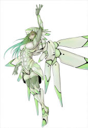 Rule 34 | 1girl, android, battle, green theme, lowres, mecha, mechanical wings, original, robot, solo, thighhighs, wings