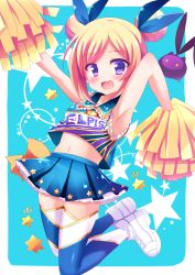 Rule 34 | 10s, 1girl, :3, :d, armpits, bad id, bad pixiv id, bare arms, blonde hair, blue background, blue ribbon, blue skirt, blush, character name, cheerleader, collarbone, collared shirt, commentary request, crop top, double bun, full body, hair bun, hair ribbon, looking at viewer, midriff, monster strike, multicolored clothes, multicolored legwear, navel, open mouth, outstretched arm, parted bangs, pleated skirt, pom pom (cheerleading), purple eyes, ribbon, shirt, shoes, sidelocks, skirt, sleeveless, sleeveless shirt, smile, solo, star (symbol), starry background, thighhighs, tsubaki (tubaki763), two-tone background, white background, white footwear