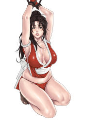 Rule 34 | 1girl, bdsm, blush, bondage, bound, bound wrists, breasts, brown eyes, brown hair, cleavage, cum, cum on body, cum on breasts, cum on upper body, facial, fatal fury, full body, gloves, huge breasts, kneeling, long hair, ponytail, shiranui mai, simple background, snk, solo, syuuen, the king of fighters, white background
