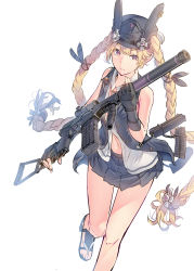 Rule 34 | 1girl, blonde hair, blunt bangs, braid, daito, fingerless gloves, girls&#039; frontline, gloves, gun, hat, highres, holding, holding gun, holding weapon, long hair, looking at viewer, navel, necktie, open clothes, pleated skirt, purple eyes, running, sandals, shirt, skirt, sleeveless, solo, sr-3mp (girls&#039; frontline), twin braids, twintails, very long hair, weapon, white background, white shirt