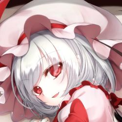 Rule 34 | alternate costume, bad id, bad twitter id, blue hair, blush, bow, dress, eyelashes, fang, frilled sleeves, frills, hat, looking at viewer, lying, open mouth, pointy ears, red bow, red dress, red eyes, remilia scarlet, smile, solo, touhou, utakata (kochou no yume)
