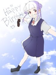 Rule 34 | 1girl, arashi chisato, artist name, artist request, bare legs, belt, black socks, blue sky, blush, bow, bowtie, breasts, buttons, cloud, collared shirt, day, double bun, dress, dress shirt, female focus, flat chest, floating hair, grey belt, grey shirt, grey skirt, hair bun, hair tie, highres, holding, holding shoes, long hair, long sleeves, looking at viewer, love live!, love live! superstar!!, miniskirt, neck ribbon, o-ring, o-ring belt, outdoors, outstretched arms, parted lips, plaid, plaid skirt, pleated, pleated skirt, red bow, red eyes, red ribbon, ribbon, school uniform, shirt, shoes, skirt, sky, small breasts, smile, socks, solo, spread legs, teeth, twintails, wavy hair, white hair, white shirt, wing collar, yuigaoka school uniform