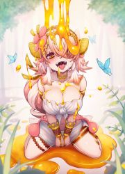 Rule 34 | 1girl, blush, breasts, bug, butterfly, choker, cleavage, commentary, duel monster, fangs, flower, forest, frilled tube top, frills, hair between eyes, hair ornament, hair over one eye, highres, insect, large breasts, long hair, multicolored hair, nature, navel, open mouth, orange eyes, pink hair, plant, poifuru, saliva, sharp teeth, sitting, skirt, slit pupils, strapless, teeth, tongue, tongue out, traptrix pinguicula, tube top, two-tone hair, uvula, wariza, white tube top, yu-gi-oh!
