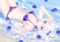 Rule 34 | 1girl, animal ear fluff, animal ears, arm up, bare arms, bare shoulders, bikini, blue bikini, blue bow, blue eyes, blue flower, blue rose, blush, bow, breasts, cat ears, cat girl, cat tail, closed mouth, commentary, day, english commentary, flower, flower on liquid, groin, hair between eyes, hair bow, knees up, long hair, looking at viewer, lying, medium breasts, nami (nyaa), navel, on back, original, outdoors, petals, rose, rose petals, seashell, shallow water, shell, side-tie bikini bottom, signature, solo, swimsuit, tail, very long hair, water, wet, white hair