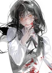 Rule 34 | 1girl, absurdres, black hair, blood, blood on clothes, blood on face, chainsaw man, finger in own mouth, highres, kurikabacha, long hair, looking at viewer, ringed eyes, scar, scar on face, school uniform, simple background, solo, white background, yellow eyes, yoru (chainsaw man)