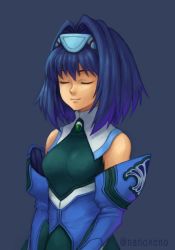 Rule 34 | 1girl, blue hair, breasts, brooch, closed mouth, closed eyes, hair ornament, highres, jewelry, kelvena (xenogears), short hair, simple background, smile, solo, xenogears, zohar0330