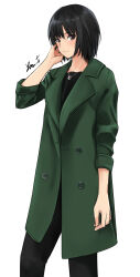 Rule 34 | 1girl, absurdres, adjusting hair, amagami, arm at side, artist name, black hair, black pants, black shirt, brown eyes, coat, commentary, feet out of frame, green coat, highres, jewelry, long coat, long sleeves, looking at viewer, looking to the side, nanasaki ai, necklace, pants, playing with own hair, shirt, short hair, signature, simple background, sleeves rolled up, solo, standing, white background, yoo tenchi