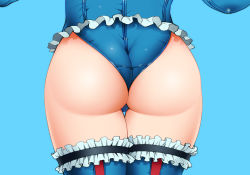 Rule 34 | 1girl, ass, back, blue background, blue gloves, blue leotard, blue one-piece swimsuit, blue theme, blue thighhighs, dead or alive, dead or alive 5, frilled thighhighs, frills, from behind, gloves, highres, legs together, leotard, lower body, marie rose, nagai momiage, one-piece swimsuit, simple background, skin tight, solo, standing, swimsuit, thigh gap, thighhighs