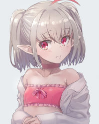Rule 34 | 1girl, ahoge, bandeau, bare shoulders, blush, choker, collarbone, dyed ahoge, flat chest, frills, grey hair, long sleeves, makaino ririmu, medium hair, multicolored hair, nijisanji, off shoulder, open clothes, open shirt, pink ribbon, pointy ears, red eyes, red hair, ribbon, sabamen, shirt, sidelocks, simple background, sleeves past wrists, solo, strapless, streaked hair, tube top, twintails, upper body, virtual youtuber