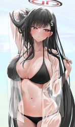 Rule 34 | 1girl, absurdres, alternate costume, bikini, black bikini, black hair, blue archive, blush, breasts, bright pupils, hair ornament, hairclip, halo, highres, holding, holding own hair, large breasts, long hair, navel, open clothes, open shirt, red eyes, rio (blue archive), see-through, see-through shirt, sideboob, solo, stomach, swimsuit, very long hair, wet, white pupils, yuki (asayuki101)