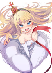Rule 34 | @ @, alternate costume, azur lane, blonde hair, blue eyes, blush, collarbone, commentary request, crown, detached sleeves, dress, headband, highres, long hair, looking at viewer, open mouth, marriage proposal, queen elizabeth (azur lane), shimofuji jun, simple background, solo, wedding dress, white background