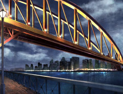 Rule 34 | arch bridge, bridge, building, city, cityscape, cloud, cloudy sky, fence, irohakaede, lamppost, lights, location request, night, no humans, outdoors, river, scenery, sky, skyline
