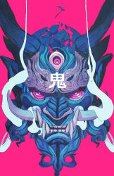 Rule 34 | blue oni, chun lo, demon, demon horns, disembodied head, extra eyes, fangs, glowing, highres, horns, limited palette, looking at viewer, no humans, oni, original, pink background, pink eyes, pointy ears, portrait, red eyes, shattered, simple background, smoke, solo, teeth, third eye, translated, tusks