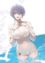 Rule 34 | 1girl, :d, alternate costume, azur lane, bellona (azur lane), bikini, bikini under clothes, blush, breasts, cleavage, covered navel, cropped, hands on own chest, highres, light purple hair, looking at viewer, ohisashiburi, open mouth, panties, partially submerged, see-through, see-through shirt, shirt, short hair, smile, solo, string panties, swimsuit, underwear, wet, wet clothes, wet shirt, white bikini