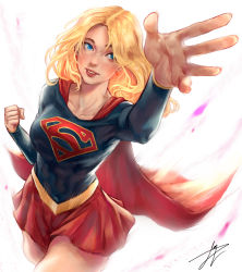 Rule 34 | 1girl, blonde hair, blue eyes, blush, breasts, cape, clenched hand, collarbone, commentary, cropped legs, dc comics, highres, long hair, looking at viewer, multicolored clothes, parted lips, red cape, red skirt, skirt, solo, supergirl, superman (series), trung doan, white background