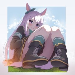 Rule 34 | 1girl, animal ears, bad id, bad twitter id, black footwear, blush, boots, bow, character request, closed mouth, cross-laced footwear, horse ears, horse girl, horse tail, jacket, knees together feet apart, knees up, long hair, long sleeves, looking at viewer, purple eyes, shiroi karasu, sitting, skirt, smile, solo, swept bangs, tail, umamusume