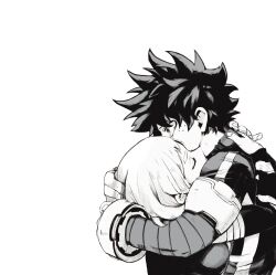 Rule 34 | 1boy, 1girl, boku no hero academia, closed eyes, commentary, covered mouth, crying, curly hair, english commentary, film grain, freckles, from side, gloves, greyscale, hand on another&#039;s back, head back, highres, hug, long sleeves, midoriya izuku, monochrome, mutual hug, profile, reallyveverka, short hair, simple background, spoilers, tears, torn clothes, torn sleeve, upper body, uraraka ochako, white background