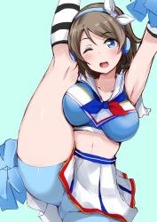Rule 34 | 1girl, alternate costume, arm up, armpits, bike shorts, bike shorts under skirt, blue background, blue bike shorts, blue eyes, blue shorts, blush, breasts, cheering, cheerleader, clothes writing, commission, crop top, gengoroh, grey hair, hairband, highres, holding, holding pom poms, leg up, love live!, love live! sunshine!!, medium breasts, midriff, miniskirt, navel, one eye closed, open mouth, pleated skirt, pom pom (cheerleading), pom poms, sailor collar, shirt, short hair, shorts, skeb commission, skirt, sleeveless, sleeveless shirt, smile, solo, standing, standing on one leg, thick thighs, thighs, watanabe you, white sailor collar, white skirt
