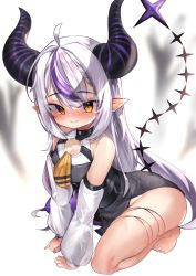 Rule 34 | 1girl, absurdres, ahoge, all fours, ass, bare shoulders, barefoot, black dress, blush, breasts, brown eyes, cleavage, demon girl, demon horns, detached sleeves, dress, eyebrows, feet, highres, hololive, horns, la+ darknesss, long hair, looking at viewer, multicolored hair, pointy ears, short dress, silver hair, simple background, skindentation, small breasts, smile, solo, streaked hair, striped horns, tail, tangyitu1, thighs, toes, very long hair, virtual youtuber, white background, white sleeves