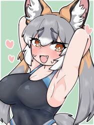 1girl animal_ears armpits arms_up blush brown_eyes brown_hair extra_ears fox_ears fox_girl fox_tail green_background grey_hair heart highres island_fox_(kemono_friends) kemono_friends long_hair looking_at_viewer niboshi_(niboshi_aruku) ribbon simple_background solo sweat swimsuit tail twintails