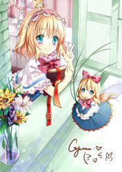 Rule 34 | &gt; &lt;, 1girl, :d, > <, alice margatroid, bad id, bad pixiv id, blonde hair, blue eyes, book, closed eyes, flower, gyaza, holding, long hair, looking at viewer, open mouth, shanghai doll, short hair, signature, smile, touhou, v, window, xd