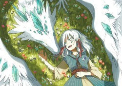 Rule 34 | 1girl, aqua eyes, aqua flower, belt, blue flower, brown belt, commentary request, crystal, dragon, dress, feathered dragon, flower, grass, grey hair, hair ribbon, hand on own stomach, highres, layered dress, long sleeves, looking at another, lying, making-of available, medium hair, on back, on grass, open mouth, original, ototoi (eevees813), outdoors, pinstripe dress, pinstripe pattern, red flower, red ribbon, ribbon, signature, smile, solo, striped, teeth, upper teeth only, white flower, yellow dress