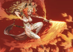 Rule 34 | 1girl, bird, blonde hair, boots, breasts, cape, center opening, cleavage, embers, fantasy, fire, flaming sword, flaming weapon, floating hair, flower, garter straps, hair flower, hair ornament, holding, holding sword, holding weapon, kakiman, knee up, large breasts, leotard, long hair, looking away, original, parted lips, red background, red eyes, scabbard, sheath, short sword, signature, simple background, solo, sword, thigh boots, thighhighs, unsheathed, weapon