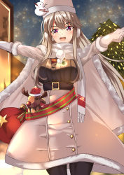 Rule 34 | 1girl, absurdres, azur lane, black pantyhose, breasts, brown hair, cape, coat, earmuffs, enterprise (azur lane), enterprise (reindeer master) (azur lane), fur-trimmed cape, fur hat, fur trim, gloves, hat, highres, large breasts, looking at viewer, official alternate costume, open mouth, outdoors, pantyhose, purple eyes, purplecat, scarf, solo, standing, stuffed deer, white cape, white scarf, winter clothes, winter coat