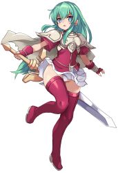 Rule 34 | 1girl, armor, blue eyes, boots, cape, eirika (fire emblem), fire emblem, full body, green hair, grey cape, groin, highres, holding, holding sword, holding weapon, karukan (monjya), long hair, looking at viewer, nintendo, panties, parted lips, pauldrons, pleated skirt, red footwear, red shirt, shirt, short sleeves, shoulder armor, simple background, skirt, solo, standing, standing on one leg, sword, thigh boots, underwear, v-shaped eyebrows, very long hair, weapon, white background, white panties, white skirt
