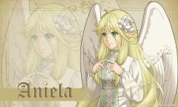 Rule 34 | 1girl, aureliaaurine, blonde hair, commission, commissioner upload, feathered wings, fire emblem, fire emblem: radiant dawn, flower, freckles, green eyes, hair flower, hair ornament, highres, long hair, mole, mole under eye, nintendo, original, pointy ears, portrait, smile, solo, turtleneck, white flower, white wings, wings