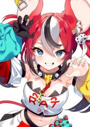 Rule 34 | 1girl, animal ear fluff, animal ears, arm up, bare shoulders, black collar, black gloves, black hair, blue eyes, blue sleeves, breasts, claw pose, cleavage, collar, commentary, crop top, detached sleeves, dice hair ornament, gloves, grin, hair between eyes, hair ornament, hakos baelz, hakos baelz (1st costume), hand up, highres, hololive, hololive english, kutata, layered sleeves, long sleeves, looking at viewer, medium breasts, midriff, mouse ears, mouse girl, mouse tail, mousetrap, multicolored clothes, multicolored hair, multicolored skirt, nail polish, navel, pink nails, puffy long sleeves, puffy sleeves, red hair, red sleeves, shirt, short over long sleeves, short sleeves, simple background, single glove, skirt, sleeves past wrists, smile, solo, spiked collar, spikes, strapless, strapless shirt, streaked hair, tail, twintails, virtual youtuber, white background, white hair, white shirt, white skirt, white sleeves, yellow sleeves