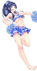 Rule 34 | 1girl, :/, armpits, bad id, bad pixiv id, bare arms, bare legs, bare shoulders, barefoot, black hair, blue bow, blue eyes, blue skirt, blue tube top, blunt bangs, bow, breasts, cheerleader, frilled skirt, frills, frown, groin, hair bow, hair intakes, hand on own hip, highres, idolmaster, idolmaster million live!, leg up, legs, long hair, looking at viewer, looking to the side, microphone, miniskirt, mogami shizuka, mogemoge00, navel, outstretched arm, pleated skirt, pom pom (cheerleading), ponytail, sidelocks, simple background, skirt, small breasts, solo, standing, standing on one leg, star (symbol), stomach, strapless, striped bow, striped clothes, striped skirt, tube top, v-shaped eyebrows, vertical stripes, white background