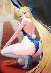 Rule 34 | 1girl, afe., animal ears, ass, blonde hair, blue archive, blue hair, blue leotard, braid, detached collar, fake animal ears, fake tail, french braid, halo, highleg, highleg leotard, highres, leotard, long hair, looking at viewer, looking back, median furrow, multicolored hair, official alternate costume, on one knee, playboy bunny, rabbit ears, rabbit tail, red carpet, solo, strapless, strapless leotard, streaked hair, tail, thighhighs, toki (blue archive), toki (bunny) (blue archive), v, very long hair, white thighhighs, wrist cuffs