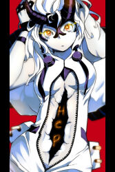 Rule 34 | 1girl, abyssal ship, arms up, black horns, breasts, character name, cloak, colored skin, glowing, glowing eyes, hands in hair, heavy cruiser princess, hole in chest, hole on body, horns, kantai collection, looking at viewer, medium breasts, open cloak, open clothes, orange eyes, oso (toolate), pale skin, pillarboxed, red background, simple background, sleeveless, solo, turret, white hair, white skin, zipper