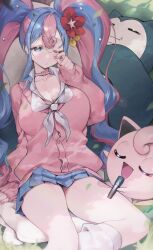 Rule 34 | 1girl, blue eyes, blue hair, blue skirt, breasts, cardigan, choker, cleavage, closed eyes, collarbone, collared shirt, commentary, creatures (company), curly hair, earrings, fairy miku (project voltage), fingernails, flower, g5 (g5 gugu), game freak, gen 1 pokemon, grass, hair flower, hair intakes, hair ornament, hatsune miku, heart, heart choker, jewelry, jigglypuff, large breasts, leg warmers, legs, long hair, long sleeves, multicolored hair, music, nail polish, neckerchief, nintendo, one eye closed, open mouth, outdoors, pillow, pink cardigan, pink choker, pink hair, pink nails, pleated skirt, pokemon, pokemon (creature), project voltage, red flower, rubbing eyes, shirt, singing, sitting, sitting on pillow, skirt, sleeping, sleeves past wrists, smile, snorlax, sticker on leg, streaked hair, thighs, twintails, two-tone hair, vocaloid, white leg warmers, white neckerchief, white shirt, yellow flower