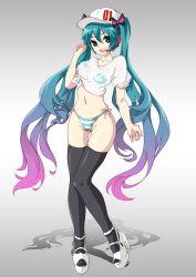 Rule 34 | 1girl, aqua eyes, aqua hair, bad id, bad pixiv id, baseball cap, black thighhighs, cancell, full body, hat, hatsune miku, headset, high heels, long hair, navel, no pants, open mouth, panties, sandals, shirt, side-tie panties, solo, striped clothes, striped panties, thighhighs, twintails, underwear, very long hair, vocaloid, wet, wet clothes, wet shirt