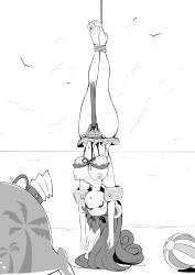 Rule 34 | 1girl, ball, barefoot, beach, beachball, bikini, blood, bound ankles, breasts, corpse, death, empty eyes, greyscale, guro, hanging, highres, inflatable armbands, long hair, monochrome, navel, nipples, object insertion, ocean, outdoors, rope, solo, swimsuit, upside-down, vaginal, vaginal object insertion, water, yoshitora