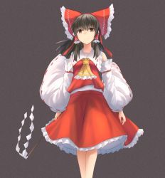 Rule 34 | 1girl, ascot, blunt bangs, bow, brown eyes, brown hair, detached sleeves, fen zuo, frilled bow, frilled skirt, frills, grey background, hair bow, hair tubes, hakurei reimu, long hair, looking at viewer, red bow, red shirt, red skirt, ribbon-trimmed sleeves, ribbon trim, shirt, sidelocks, skirt, sleeveless, sleeveless shirt, solo, standing, touhou, white sleeves, yellow ascot