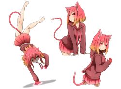 Rule 34 | 1girl, absurdres, akaneko (idaten93), animal ear fluff, animal ears, arm support, barefoot, blush, brown hair, brown hoodie, cat ears, cat girl, cat tail, closed mouth, commentary request, drawstring, full body, glowing, gradient hair, hair between eyes, handstand, highres, hood, hood down, hoodie, idaten93, kneepits, leaning forward, long sleeves, multicolored hair, multiple views, original, pleated skirt, puffy long sleeves, puffy sleeves, red eyes, red hair, red skirt, shadow, simple background, skirt, sleeves past wrists, soles, tail, v-shaped eyebrows, white background