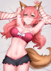 Rule 34 | animal ears, armpits, bad source, bow, bra, breasts, fox ears, fox girl, fox tail, from above, highres, jacket, krinkles, large breasts, legs, looking at viewer, navel, on bed, open clothes, open jacket, pink bra, pink hair, short shorts, short twintails, shorts, smug, tail, tamamo (fate), tamamo no mae (fate/extra), tamamo no mae (spring casual) (fate), twintails, underwear, yellow eyes