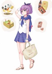 Rule 34 | 1girl, absurdres, azur lane, bag, blouse, blue hood, chips (food), closed mouth, coca-cola, commentary request, condom, condom wrapper, food, green eyes, hair ornament, hair ribbon, hairclip, hand on own head, heart, highres, holding, holding bag, javelin (azur lane), medium hair, plaid, pleated skirt, pocky, potato chips, purple hair, purple ribbon, purple skirt, ribbon, shirt, sitting, skirt, sushi, user amwr7828, white background, white shirt, wide ponytail