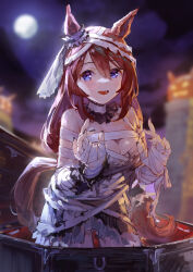 Rule 34 | 1girl, absurdres, animal ears, bandages, bare shoulders, blue eyes, blurry, blurry background, breasts, brown hair, coffin, commentary, cowboy shot, ear ornament, full moon, hair between eyes, highres, horse ears, horse girl, in container, large breasts, long hair, moon, multicolored hair, official alternate costume, open mouth, outdoors, purple nails, smile, solo, streaked hair, super creek (chiffon ribbon mummy) (umamusume), super creek (umamusume), umamusume, very long hair, white hair, yu hydra