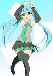 Rule 34 | 1girl, aqua eyes, aqua hair, arms up, bad id, bad pixiv id, detached sleeves, hatsune miku, jumping, kaiman, long hair, looking at viewer, necktie, open mouth, skirt, smile, solo, thighhighs, twintails, vocaloid, zettai ryouiki