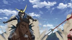 Rule 34 | animated, animated gif, armor, date masamune (sengoku basara), fighting, horse, lowres, multiple boys, samurai, sanada yukimura (sengoku basara), sengoku basara